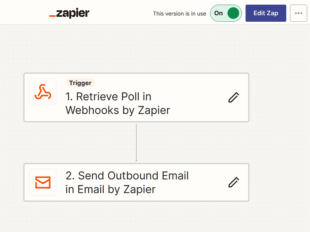 Screenshot of Zapier main User Interface for the Zap. One box for the Trigger (Retrieve Poll in Webhooks by Zapier) and one for the Action (Send Outbound Email in Email by Zapier).