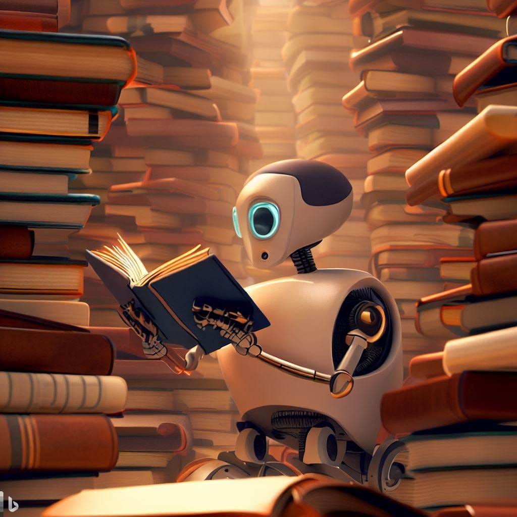 A robot reading a book, seated in a stack of books.