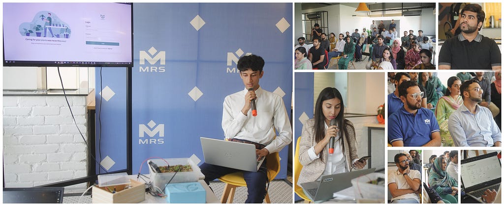 The photo contains some highlights during the MVP Demonstrations. The photo also contains photos of the audience, CxOs hearing the presentation, Abdullah, Team lead during the Internship program partnering with Meerab leading the Demo | MRS Summers Internship Program 2023