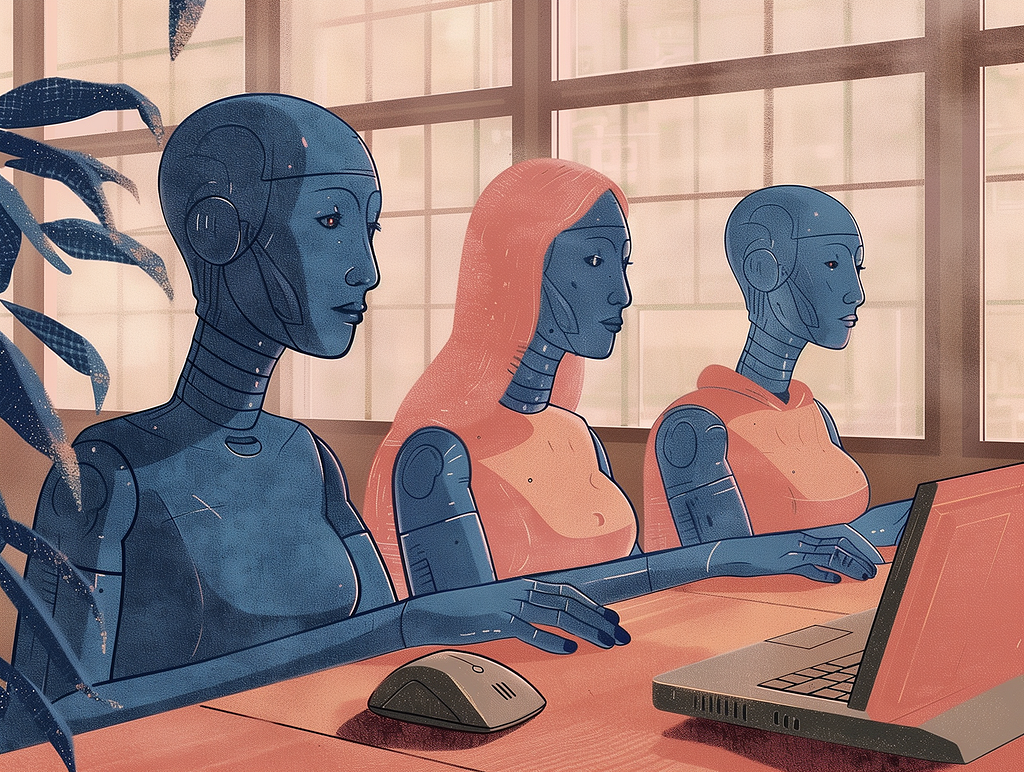 Three robots with humanoid features in shades of blue and pink are seated at a table using a laptop, with a plant and window in the background. Illustration.