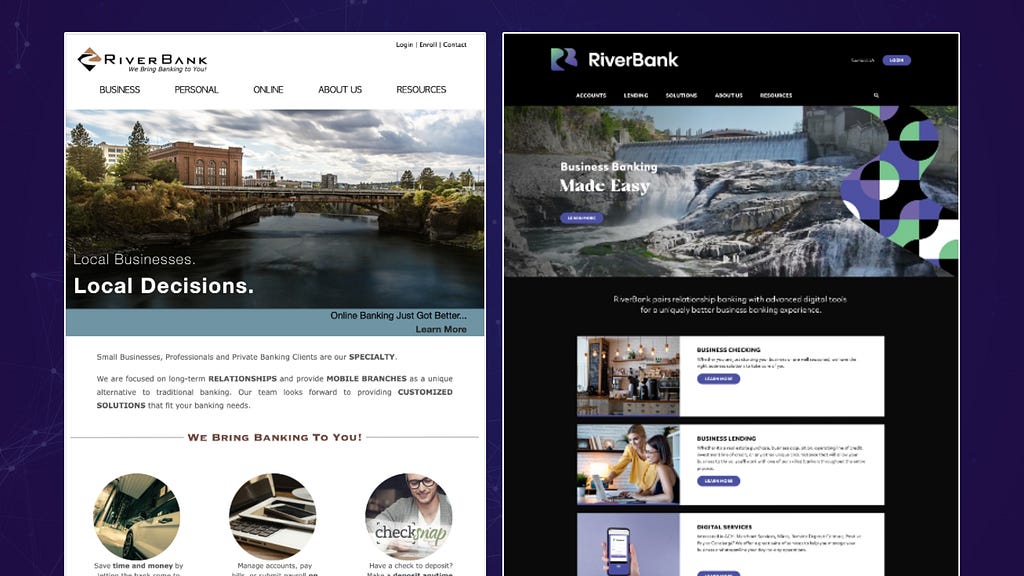An old website on the left-hand side with white and tan and blue buttons; on the right, the new wesbite, with high-contrast black and purple and teal and lots of eye-catching images.
