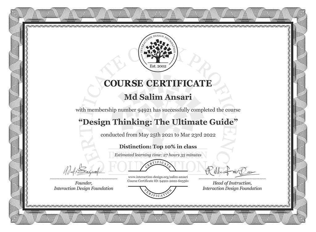 Course Certificate: Design Thinking — The Ultimate Guide