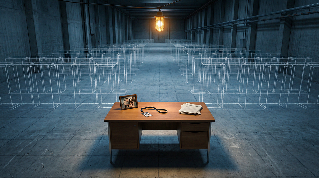 A lone office desk with a cut employee badge sits in a vast, empty data center with chalk outlines where server racks should be.