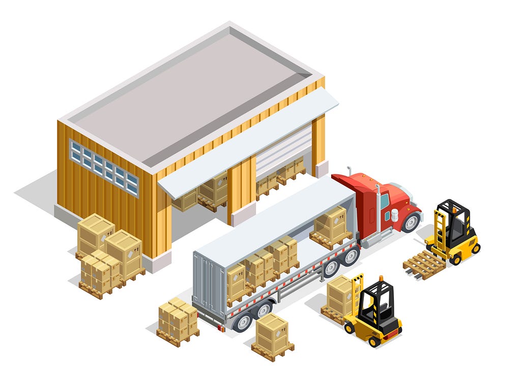Ilustrasi penyimpanan barang-barang di gudang milik perusahaan. Image by macrovector on Freepik. Freepik.com.