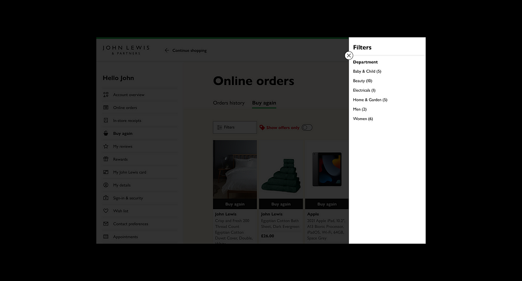 UI design of the buy again section with filter drawer enabled, on John Lewis website