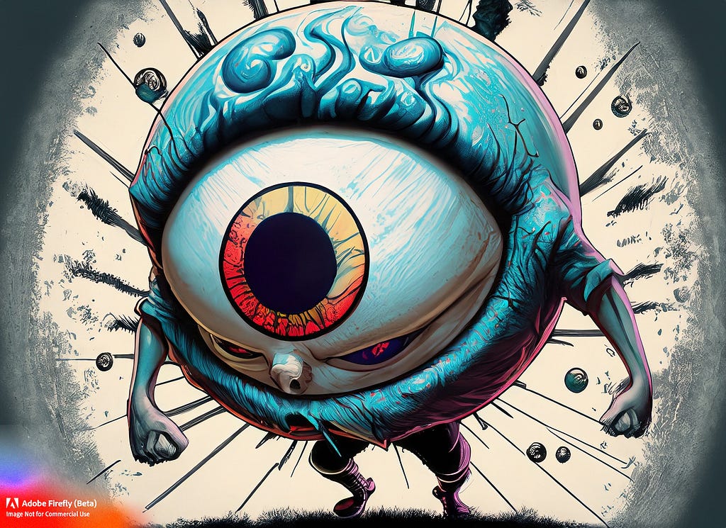 please draw a floating eyeball with arms as a super villain, in the style comic books