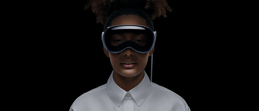 The viral commercial image of Apple vision Pro worn by a woman.