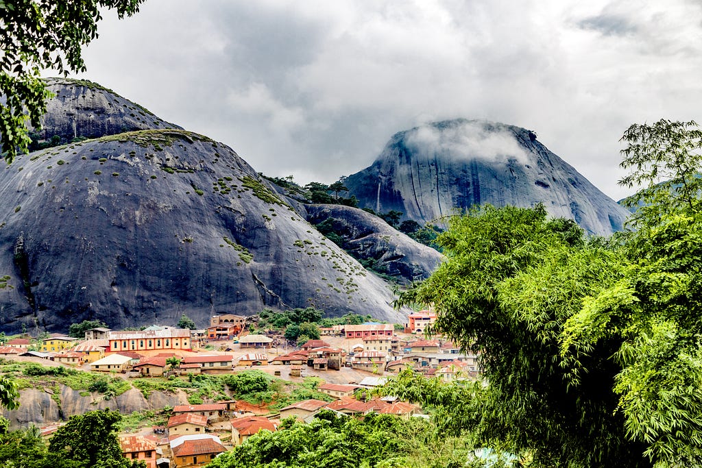 The stony natural landscape of Idanre Hill (outside Lagos, Nigeria) on a cloudy day.
