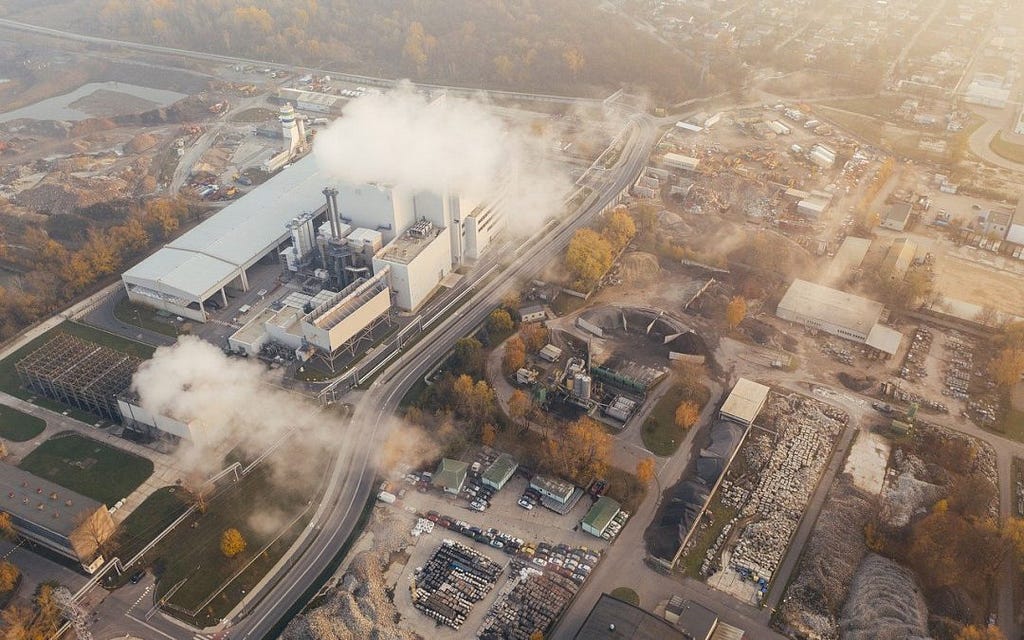 Factories and pollution from an aerial view