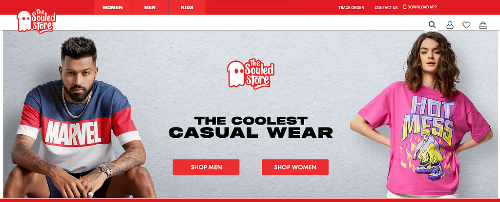 Screenshot from The Souled Store, showing the navbar with the categories- Women, Men, Kids; the hero section shows the options- ‘Shop Men’ and ‘Shop Women’