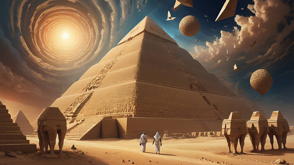 A swirling vortex of dreamlike imagery — Egyptian pyramids, Mesopotamian ziggurats, and figures reaching for the unknown.