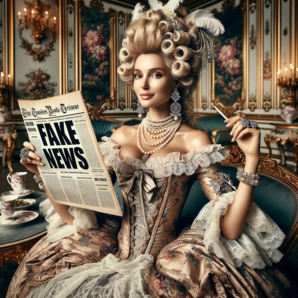 AI Generated image of a rococo/kim kardashian inspired womansmoking a cigarette in her parlor room while reading a newspaper with a huge headline of FAKE NEWS.