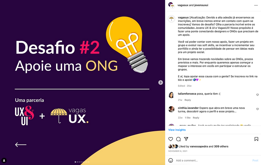 Print de uma postagem colaborativa no Instagram entre as comunidades JovensUX&UI e VagasUX divulgando o desafio Apoie uma ONG.