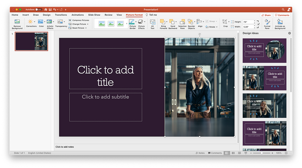 A graphic to illustrate how to add pictures to Powerpoint: simply click and drag a stock photo from your desktop into the program, and take a look at the “Design Ideas” column for layout inspiration. You can also add a picture to powerpoint by going to Insert > Picture from File.