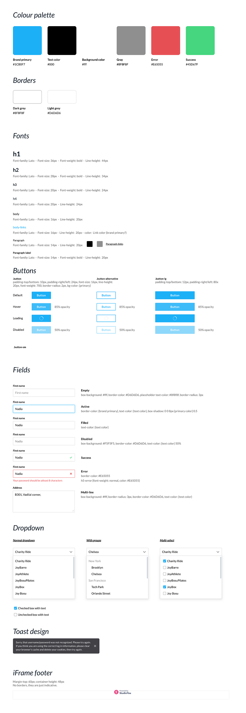 A screenshot of a simple style guideline for a product. Comprise color palette, border,buttons, form parts, fonts, toast, etc