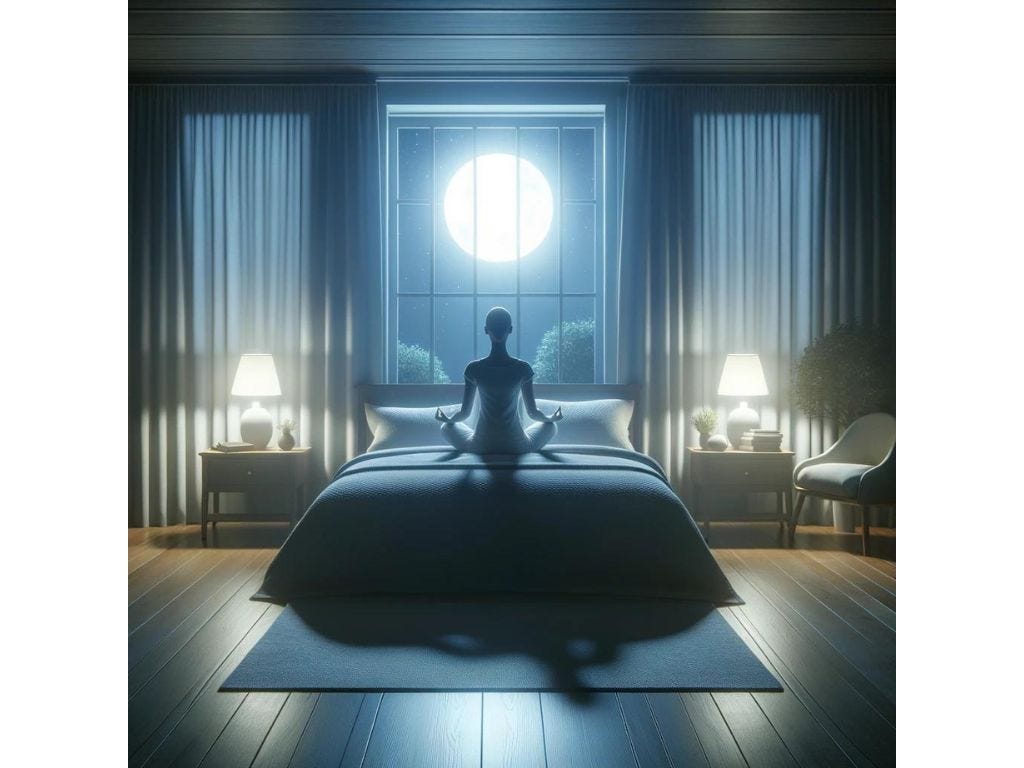 A peaceful bedroom scene at night showcasing the practice of sleep meditation, with moonlight casting a serene glow on a person in meditation, embodying tranquility and preparation for restful sleep.