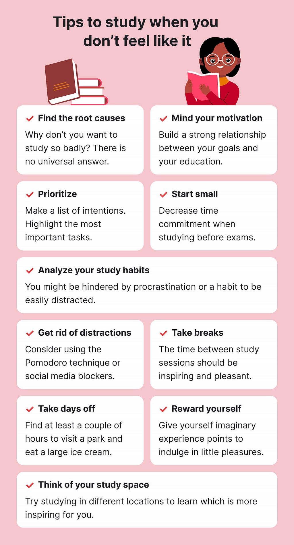 The picture lists the tips that will help you study when you don’t feel like it.