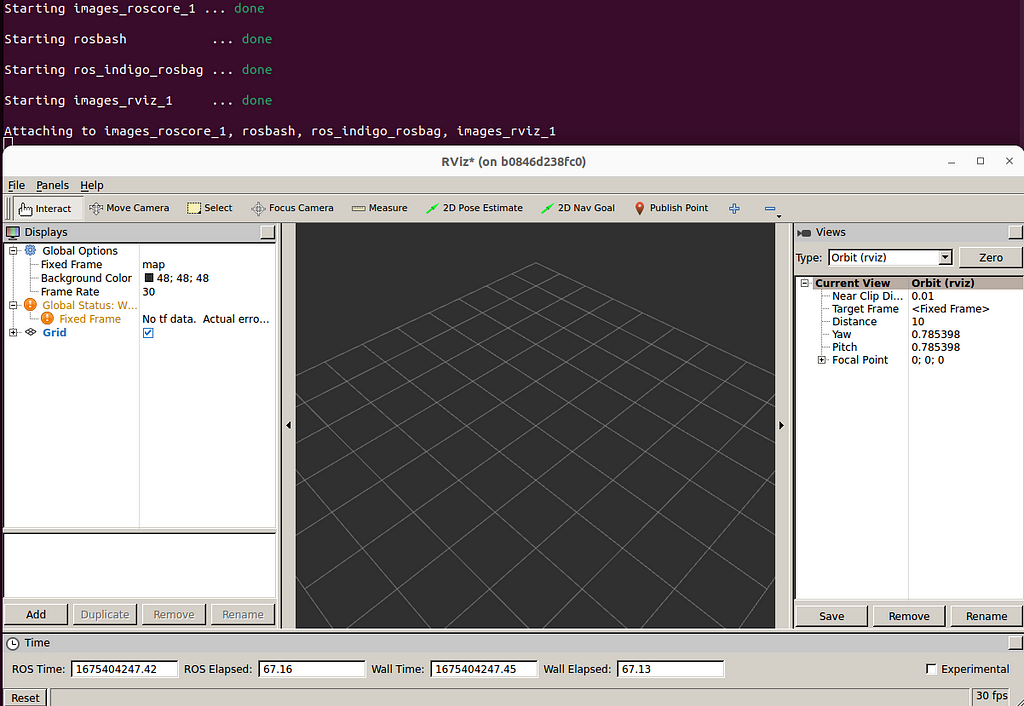 ROS Indigo RViz running in a Docker container on an Ubuntu 20.14 host machine.