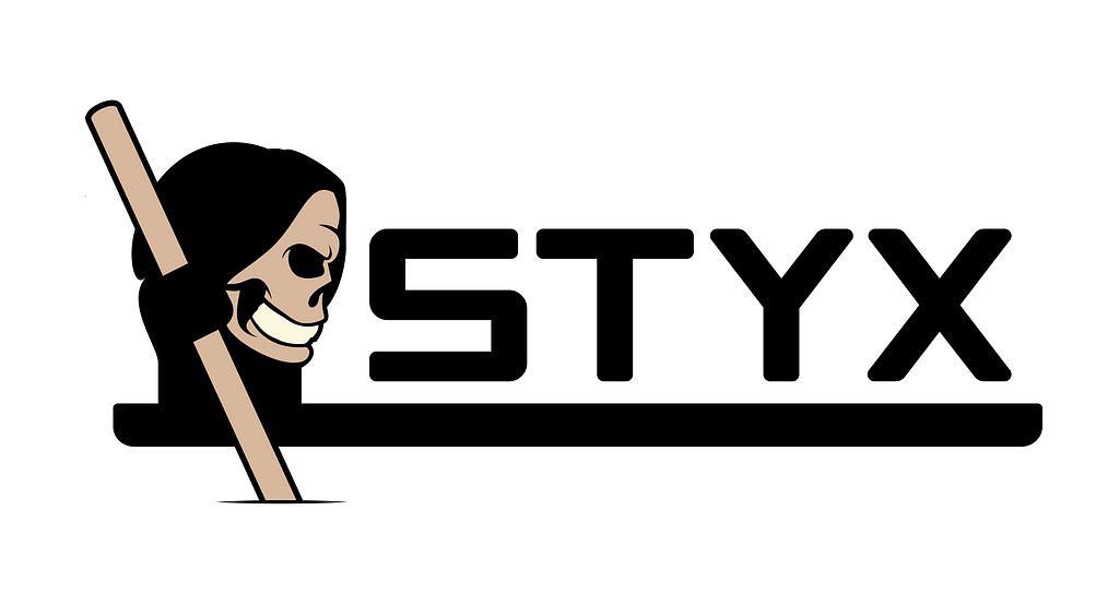 The logo of Expedia Group’s STYX project. The image shows a skull figure that rides a boat. The word STYX is written on the surface of the boat.