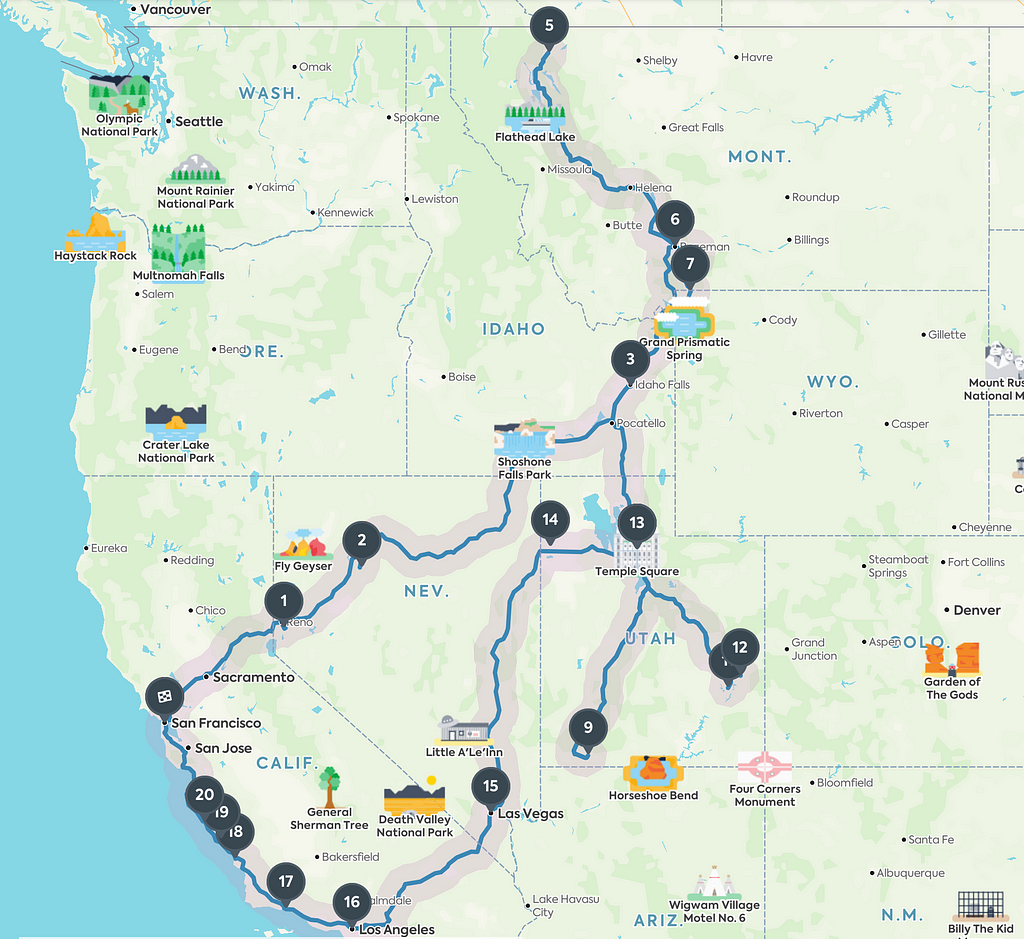 A map of our trip through the western side of the US that ran from September to November.