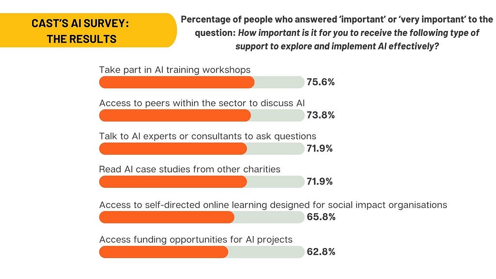 Bar graph showing the percentage of people who answered ‘important’ or ‘very important’ to the question: How important is it for you to receive the following type of support to explore and implement AI effectively?