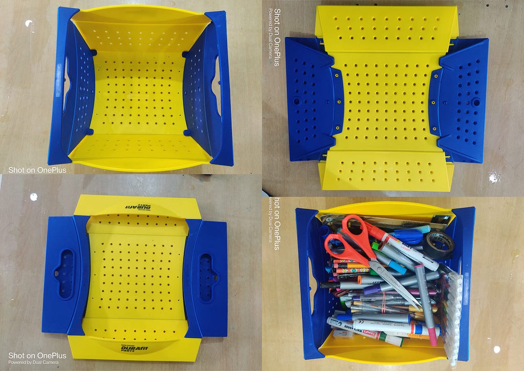 Photo of a Blue and Yellow foldable basket.