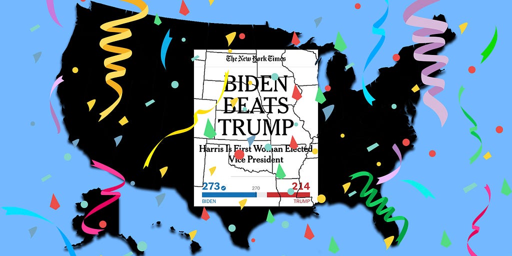 A silhouette of the United States with the New York Times headline, “Biden Beats Trump” on top. Confetti surrounds it.