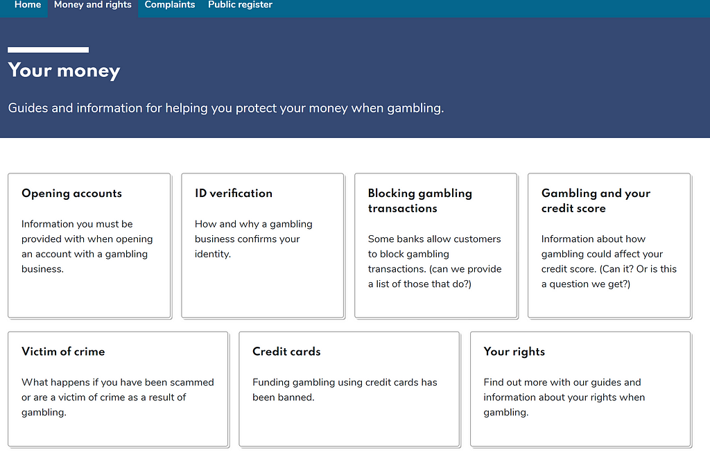 screenshot of the your money content hub displaying multiple pieces of content on the topic of money and gambling