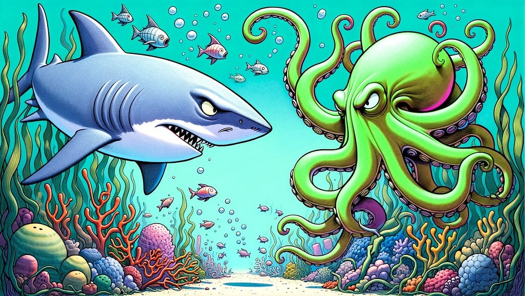 A cartoon-style illustration, featuring a shark and an octopus underwater, facing each other with determination. The shark and octopus are depicted in an exaggerated, cartoonish manner. The shark’s expression is one of unwavering focus, and the octopus, with its tentacles firmly positioned, mirrors this determined stance. The setting is a whimsical underwater landscape with creatively stylized coral, seaweed, and a variety of small, playful fish.