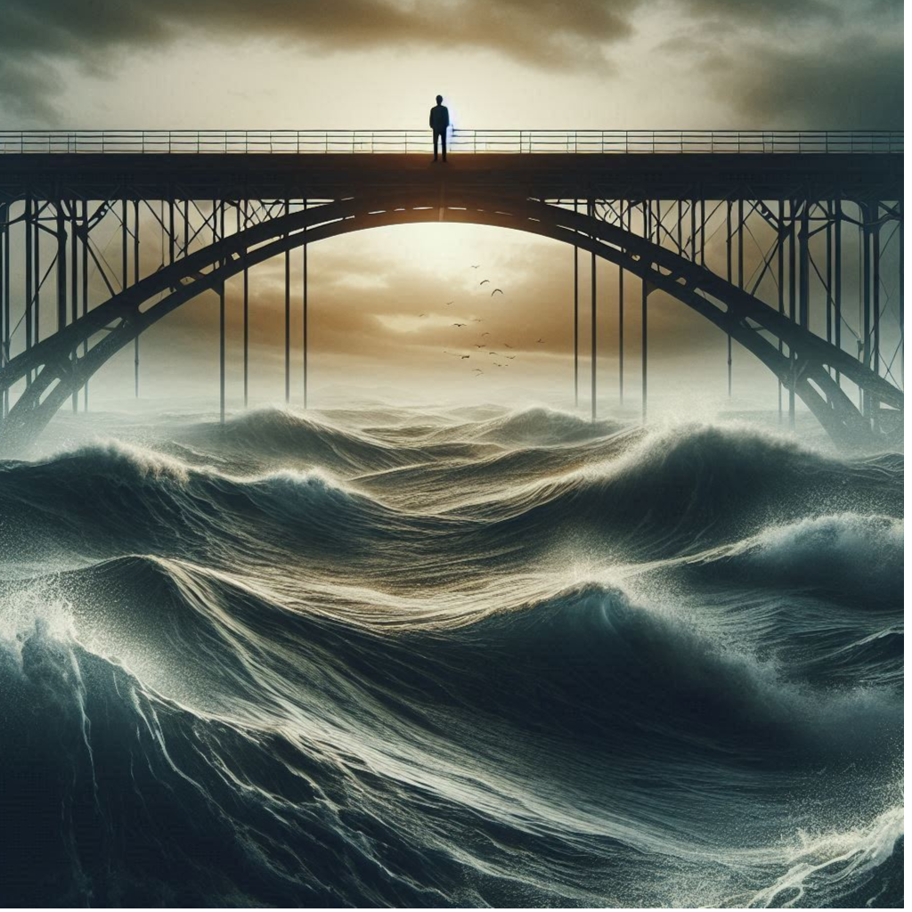 A Bridge Over Troubled Waters Concept: Depict the idea of overcoming challenges and emotional strain associated with male infertility, with a focus on support and guidance.