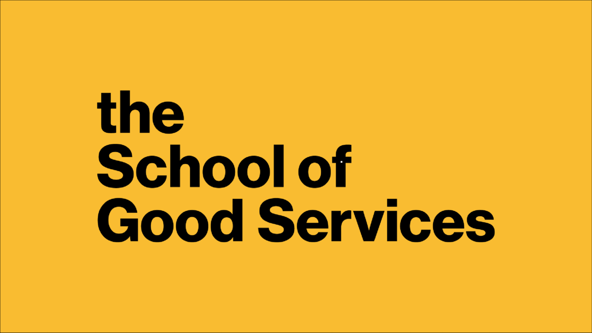 The school of Good Services in text as a GIF, changing colour background from pink to purple to green to yellow