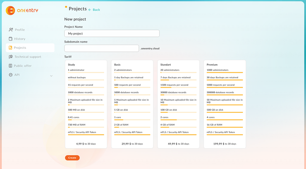 A screenshot of the process of creating a dashboard with details like project name, subdomain name, tariff plan to select, and the create button