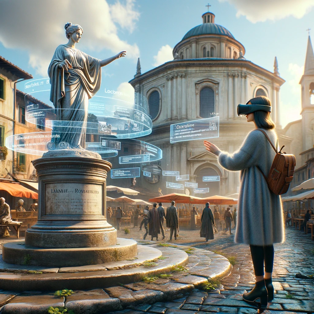 A language learner is standing in front of a point of interest and wears a virtual reality headset to experience Language Quests. In Mixed Reality, she can see real-world elements like monuments and virtual elements like tasks and information material.