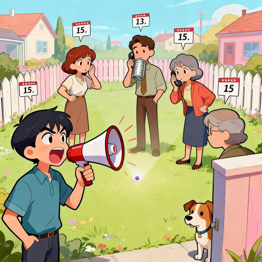 Cartoon scene of nearest neighbor with megaphone shouting louder than far neighbors illustrating weighted KNN