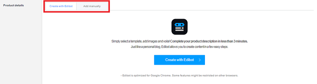 The ‘product details’ section is screenshotted and ‘create with edibot’ is highlighted.