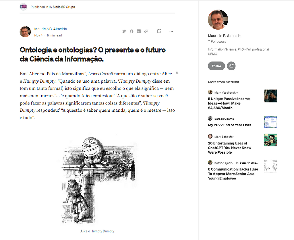 Introduação do artigo sobre Ontologias do Professor Mauricio B. Almeida (MBA) no Medium do Grupo IA Biblio BR.