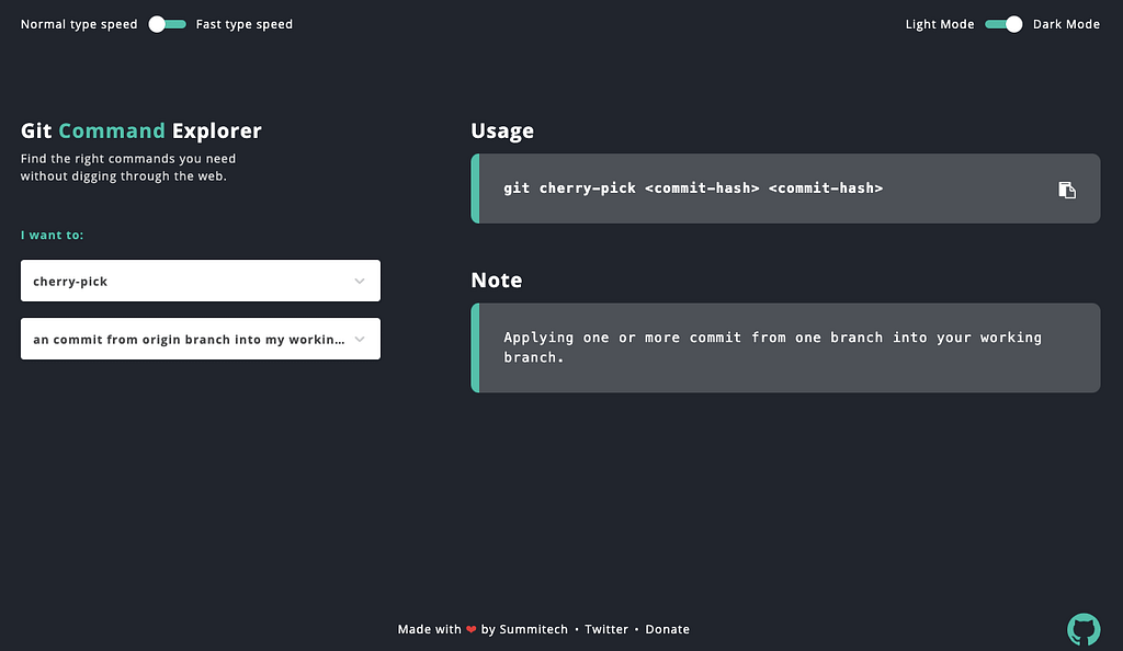 A screenshot of Git explorer, a platform to lookup all GIT expressions