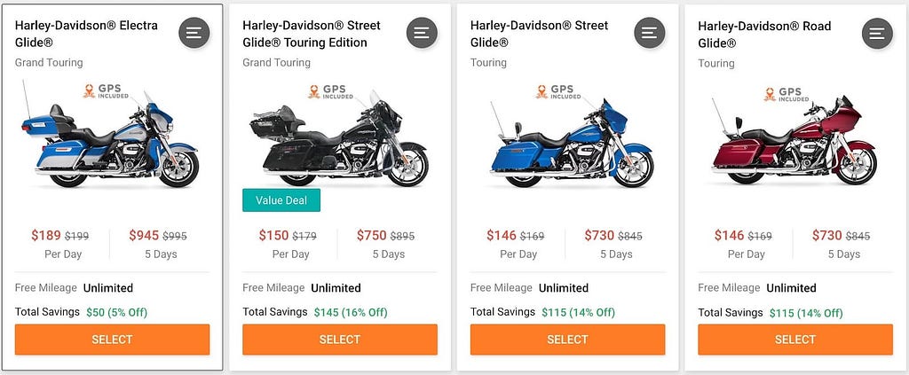 Harley Davidson Motorcycles for rent at big motorcycle shop