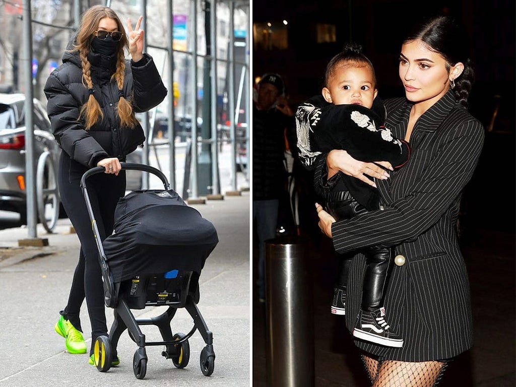 Celebrities Gigi Hadid and Kylie Jenner with their children.