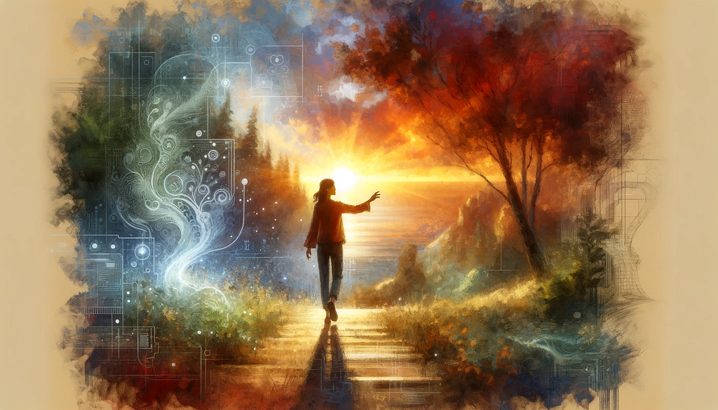 A woman stands outdoors at dawn. She is in the process of reaching out towards a mysterious, intangible form, representing the journey towards relevance amidst the evolving AI-driven environment. This scene aims to encapsulate the endeavour to grasp new interpretations of relevance in a landscape increasingly influenced by AI, evoking a sense of discovery and intellectual challenge.
