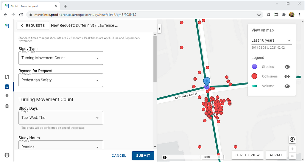 Form to submit requests for new data, including study type, reason for study, and study details. Map to the right.