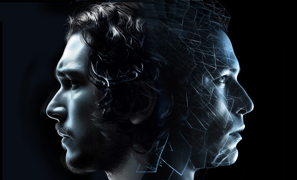 Close-up of the fused heads of “Game of Thrones” character “Jon Snow”and a fictional user persona, looking in opposite directions