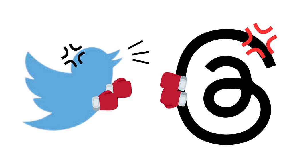 Twitter and Threads, represented by their logo, in a boxing match.