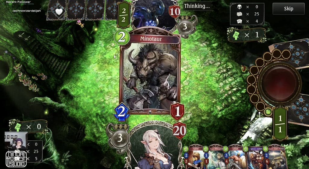 screenshot from Shadowverse with an indicator next to AI saying “thinking”