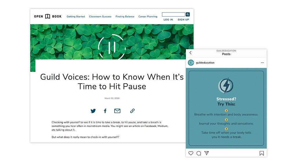 Screen shots of a blog article titled “Guild Voices: How to Know When It’s Time to Hit Pause” and an Instagram post.