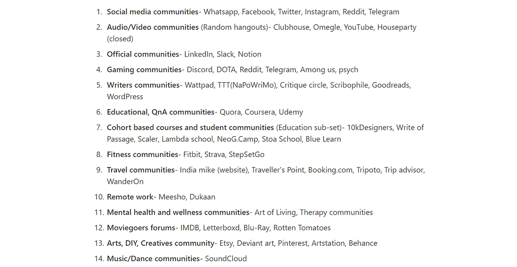 A snip from our notion document on the communities that we looked into