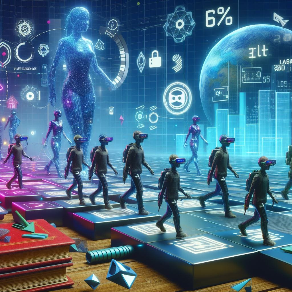 A futuristic virtual environment with students walking around while wearing virtual reality or mixed reality headsets.