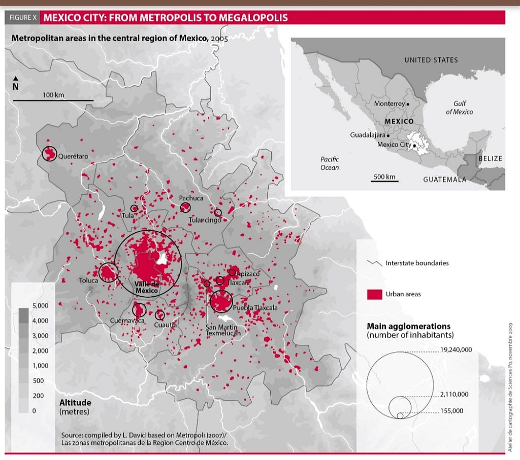 Mexico’s Valley Megalopolis, covering the capital and states that surround it. The red marks are the main urban centers.