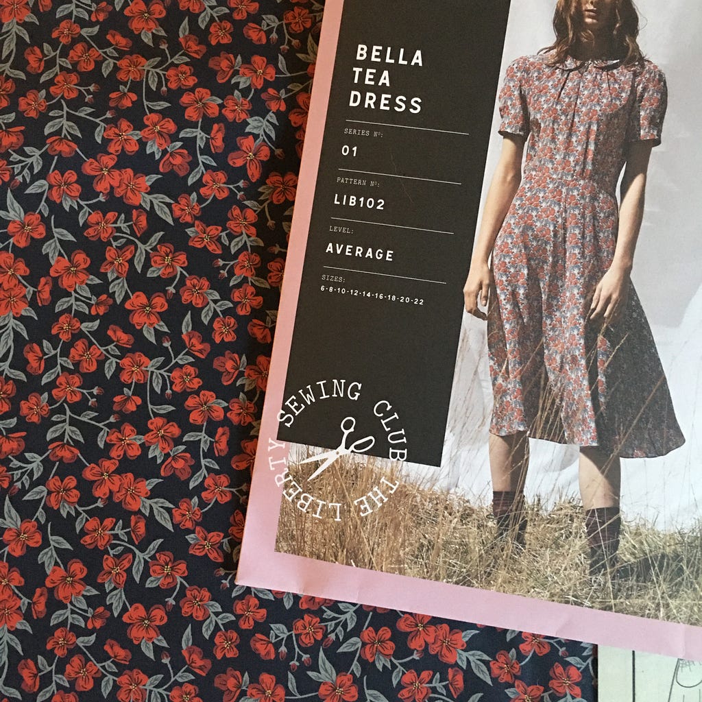 Photo of fabric and cover of dressmaking pattern for a dress