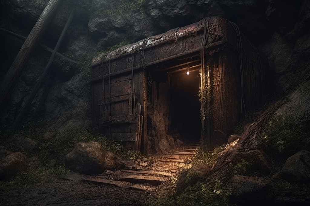 A ramshackle entrance to a dark, gloomy mine.